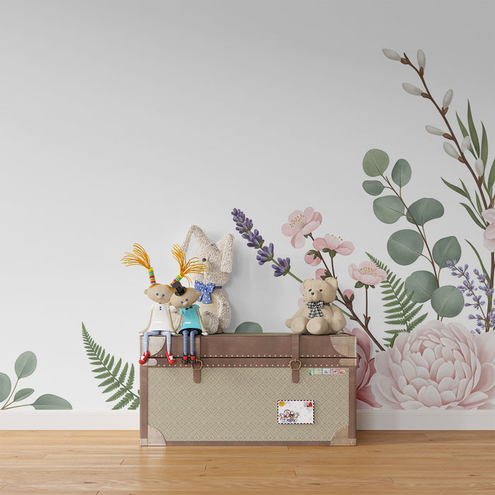 Babykamer behang | Delicate bloemen en zachte bladeren voor een rustgevende sfeer