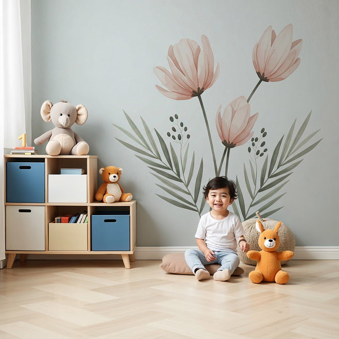 Nursery room wallpaper | Delicate flowers and soft foliage on a white background