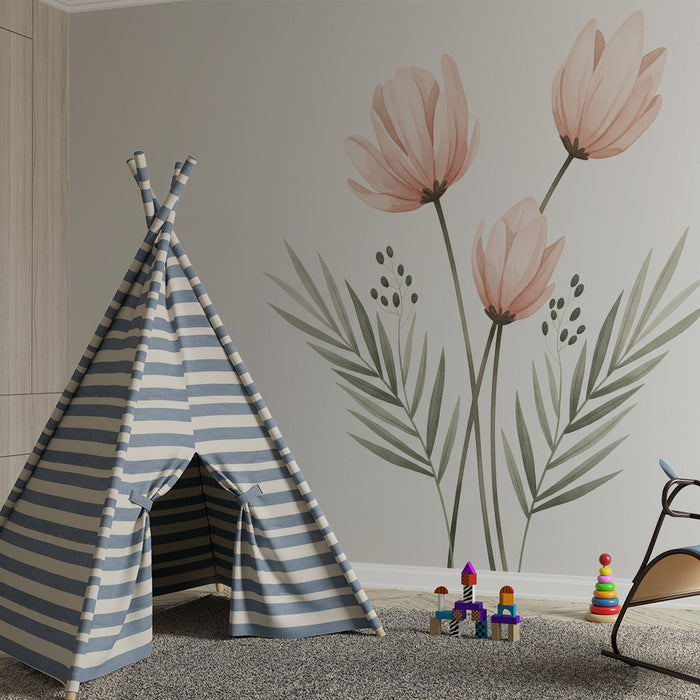 Nursery room wallpaper | Delicate flowers and soft foliage on a white background