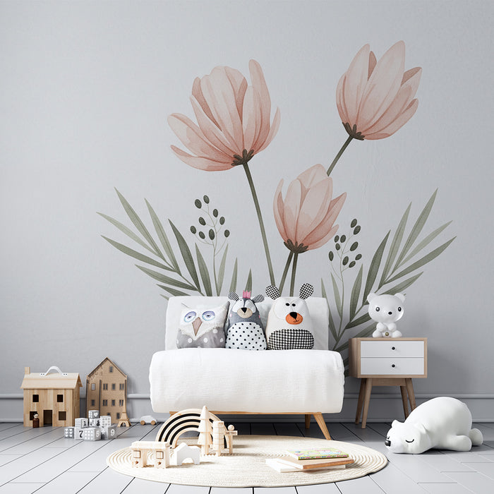 Nursery room wallpaper | Delicate flowers and soft foliage on a white background