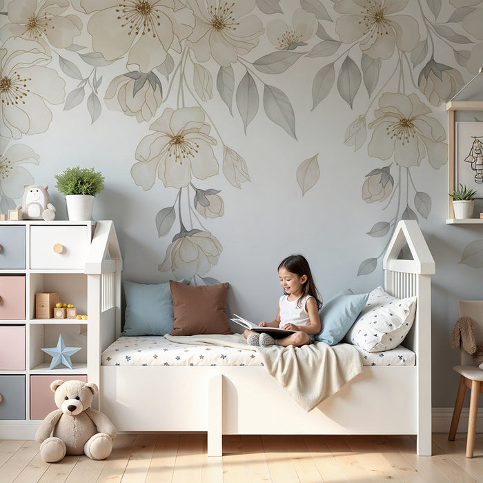 Børneværelse tapet | Delikate blomster og blød løv på hvid baggrund