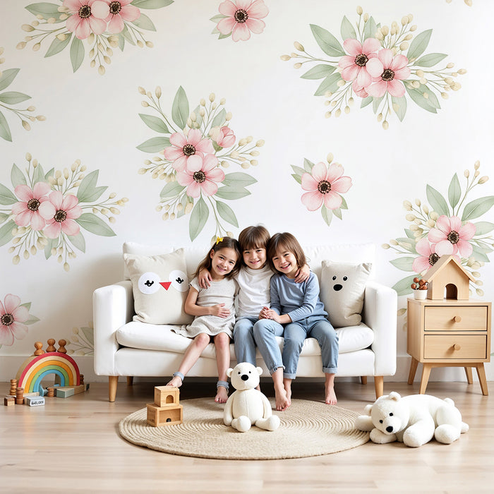 Babykamer behang | Delicate bloemen en zacht gebladerte op witte achtergrond