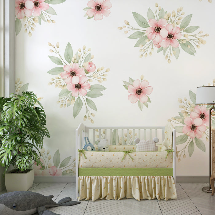 Babykamer behang | Delicate bloemen en zacht gebladerte op witte achtergrond