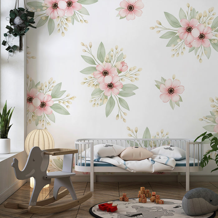 Babykamer behang | Delicate bloemen en zacht gebladerte op witte achtergrond