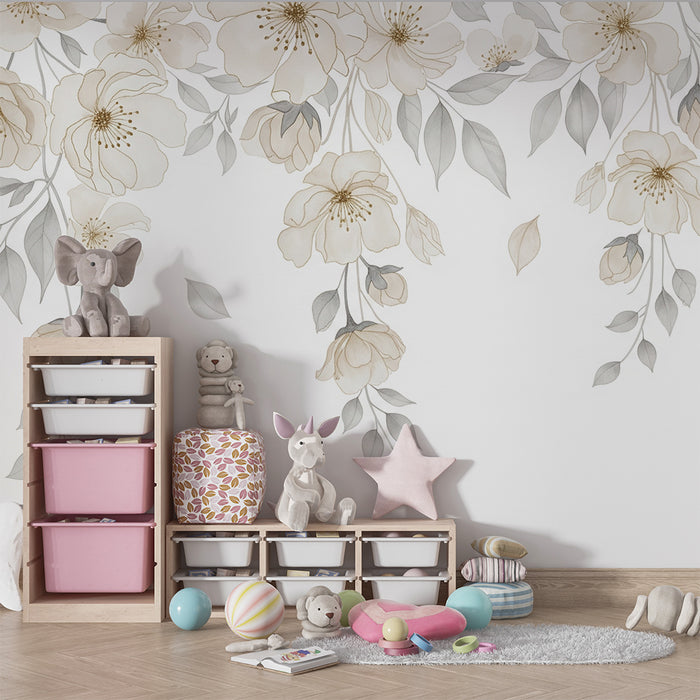 Børneværelse tapet | Delikate blomster og blød løv på hvid baggrund