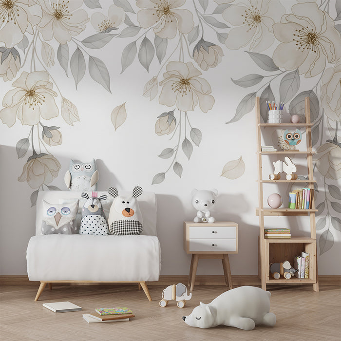 Børneværelse tapet | Delikate blomster og blød løv på hvid baggrund