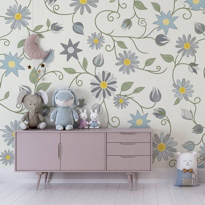 Nursery room wallpaper | Delicate flowers and soft foliage on a light background