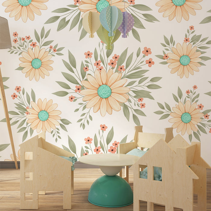 Tapet pentru camera copilului | Flori delicate și frunziș fin pe fundal deschis