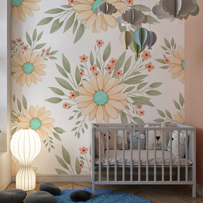Tapet pentru camera copilului | Flori delicate și frunziș fin pe fundal deschis