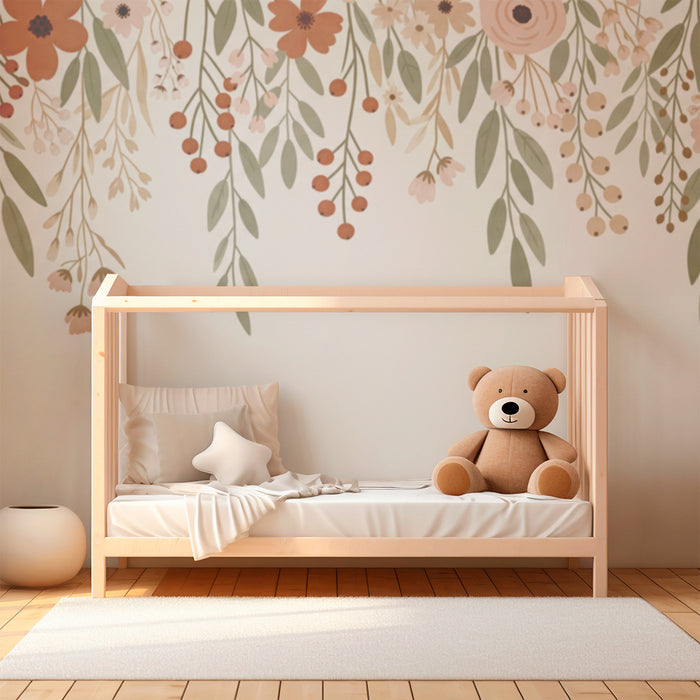 Babyzimmer Tapete | Zarte Blumen und sanftes Laub auf hellem Hintergrund