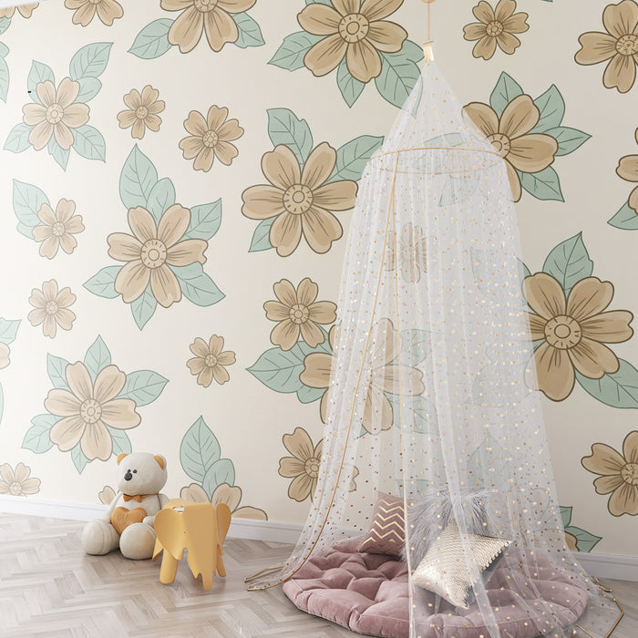 Papel de parede quarto bebê | Delicadas flores e folhagem suave em fundo creme