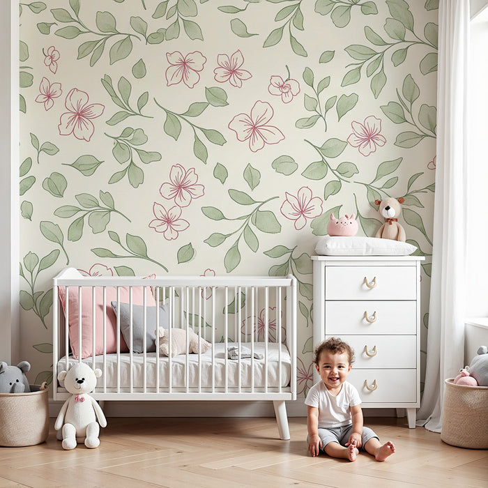Lastenhuoneen tapetti | Herkät kukat ja pehmeät lehdet vaalealla taustalla