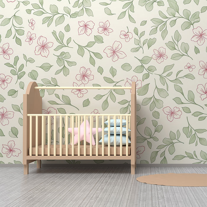 Lastenhuoneen tapetti | Herkät kukat ja pehmeät lehdet vaalealla taustalla