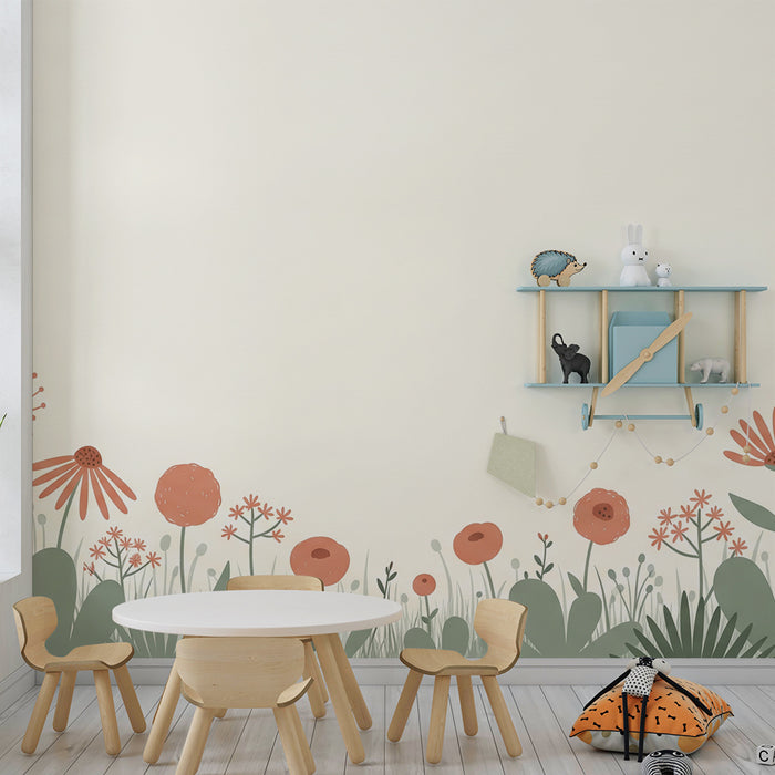 Papel pintado infantil | Flores delicadas y follaje suave sobre fondo crema