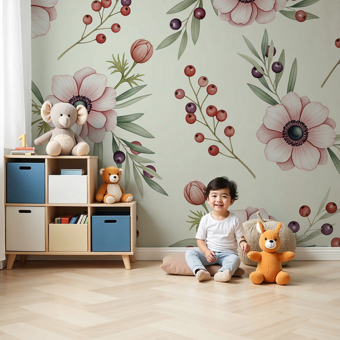 Papier peint chambre bébé | Fleurs délicates et feuillage doux sur fond crème
