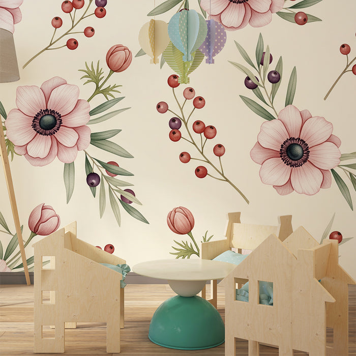 Papier peint chambre bébé | Fleurs délicates et feuillage doux sur fond crème