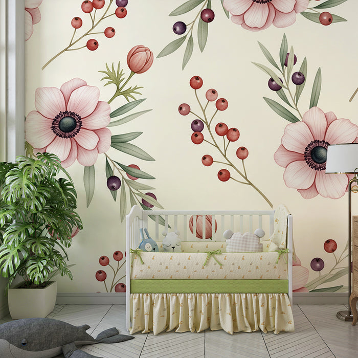 Papier peint chambre bébé | Fleurs délicates et feuillage doux sur fond crème