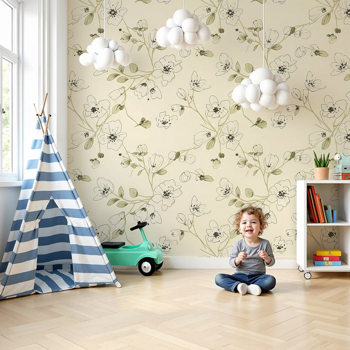 Tapet till babyrum | Känsliga blommor och mjukt bladverk på krämfärgad botten