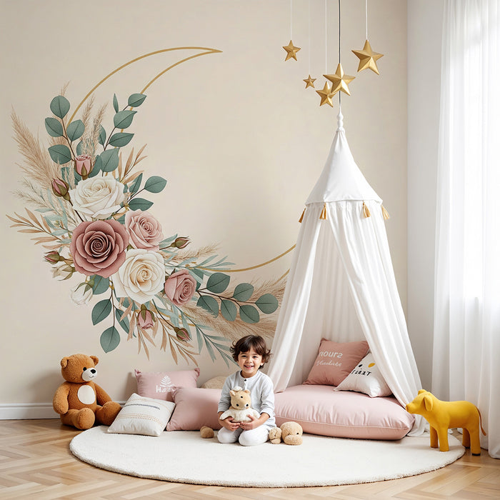 Babykamer behang | Delicate bloemen en zachte bladeren op een pastelkleurige achtergrond