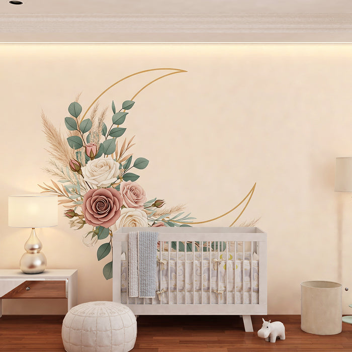 Babykamer behang | Delicate bloemen en zachte bladeren op een pastelkleurige achtergrond