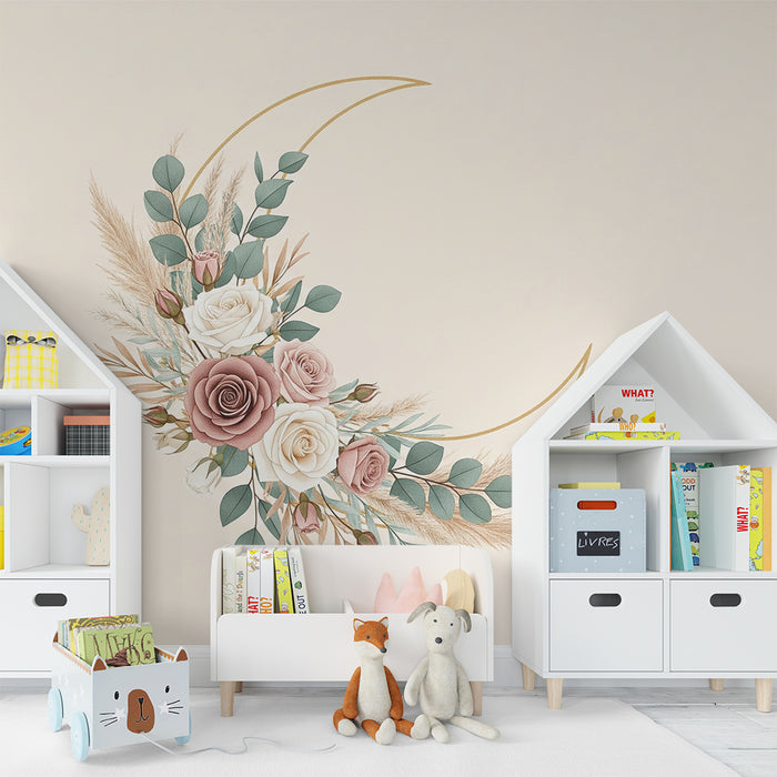 Babykamer behang | Delicate bloemen en zachte bladeren op een pastelkleurige achtergrond