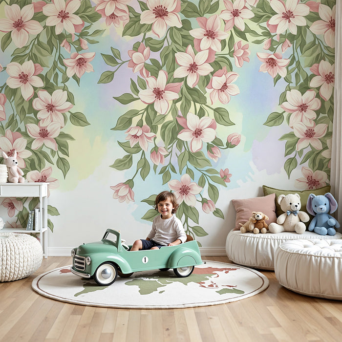 Papier peint chambre bébé | Fleurs délicates et feuillage doux sur fond pastel