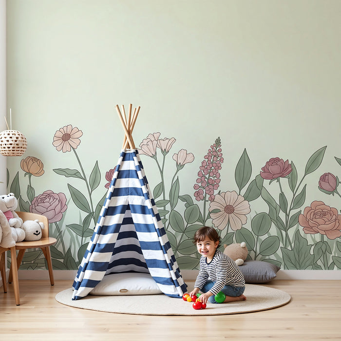 Papier peint chambre bébé | Fleurs délicates et feuillage doux sur fond pastel