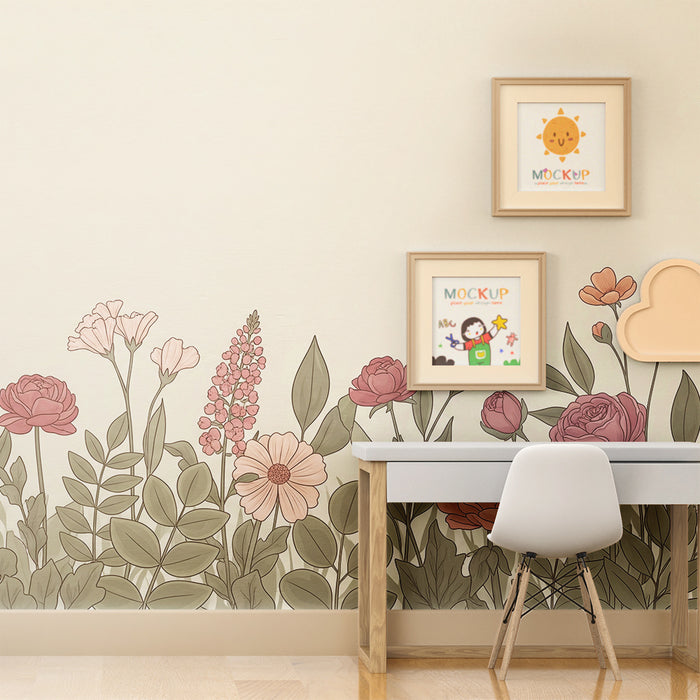 Papier peint chambre bébé | Fleurs délicates et feuillage doux sur fond pastel