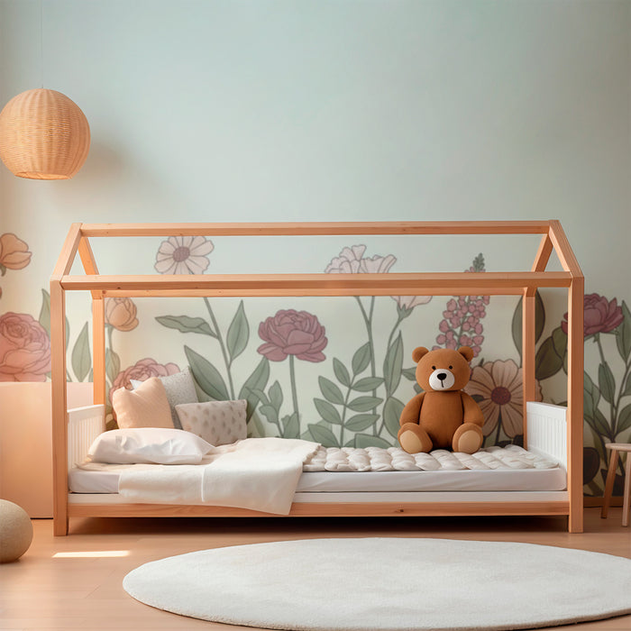 Papier peint chambre bébé | Fleurs délicates et feuillage doux sur fond pastel
