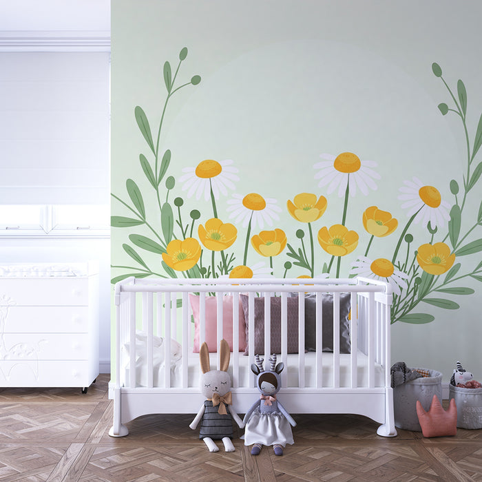 Χαριτωμένο ταπετσαρία βρεφικού δωματίου | Απαλά λουλούδια και απαλά φύλλα σε ανοιχτό πράσινο φόντο
