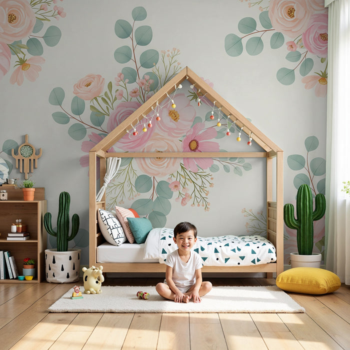 Papel de parede quarto bebê | Flores delicadas e folhagem suave