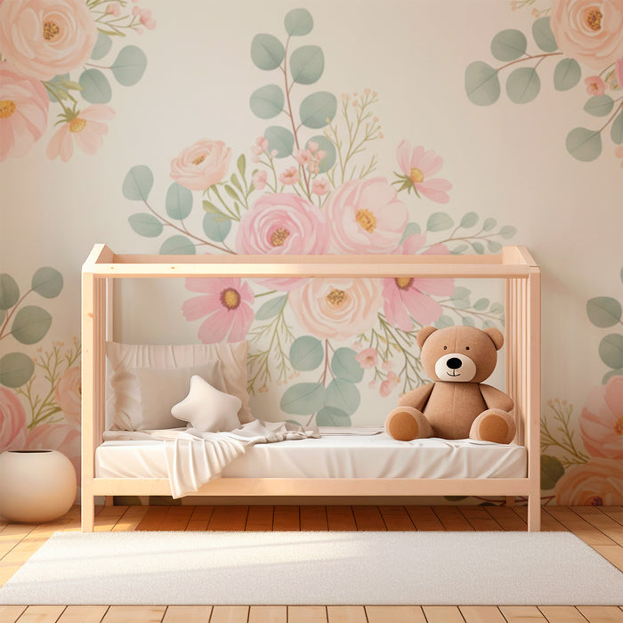 Papel de parede quarto bebê | Flores delicadas e folhagem suave
