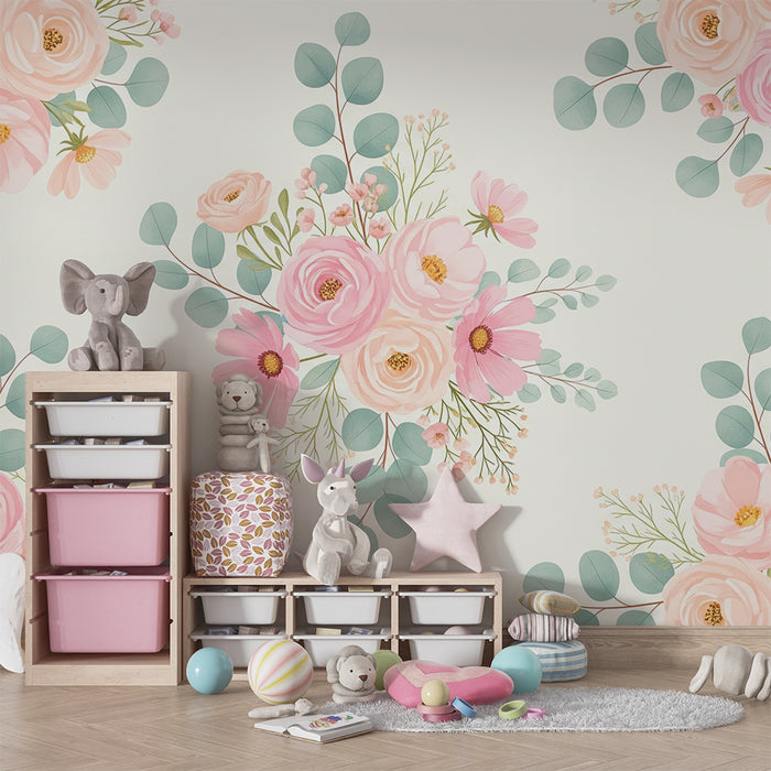 Papel de parede quarto bebê | Flores delicadas e folhagem suave