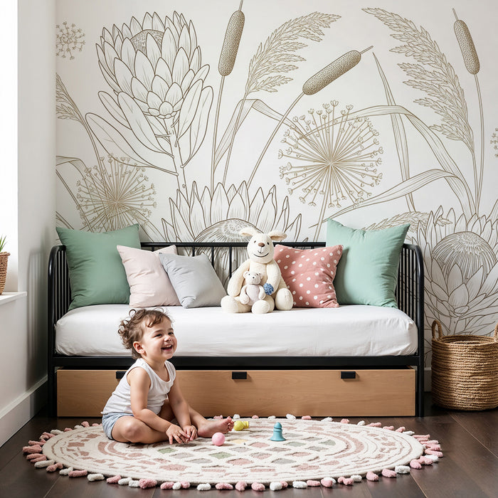 Papier peint chambre bébé | Fleurs délicates et feuillage élégant en tons doux