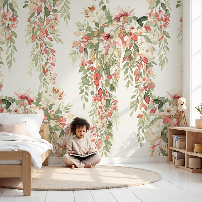 Barntapet | Delikata blommor och akvarell lövverk