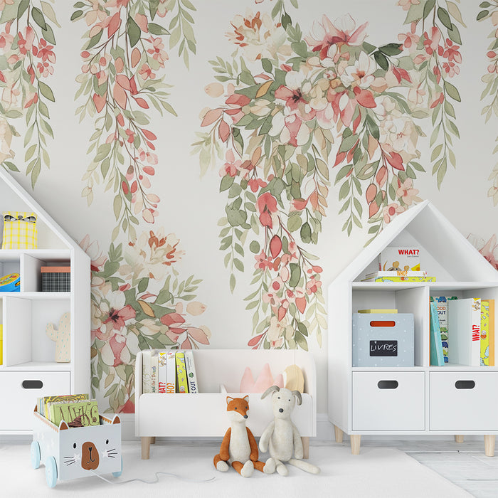 Barntapet | Delikata blommor och akvarell lövverk