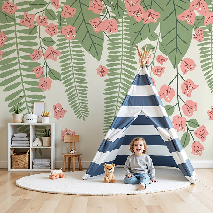 Carta da parati bambini | Fiori delicati e fogliame lussureggiante