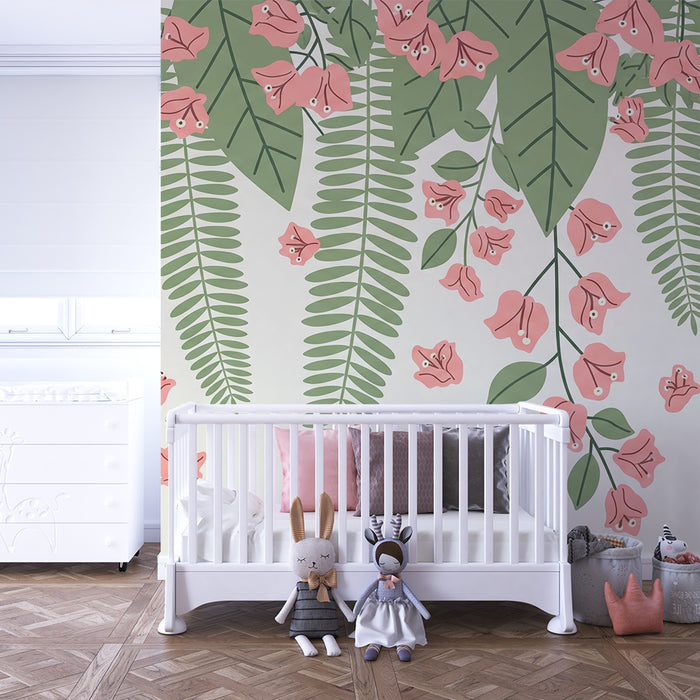 Carta da parati bambini | Fiori delicati e fogliame lussureggiante