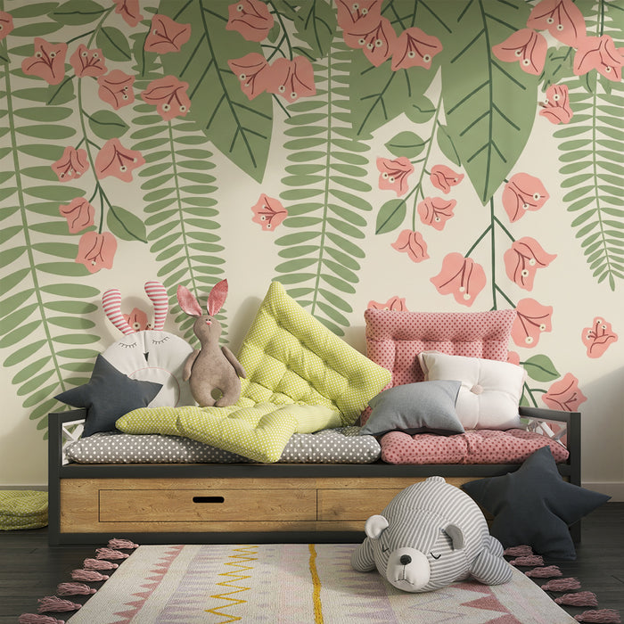Carta da parati bambini | Fiori delicati e fogliame lussureggiante