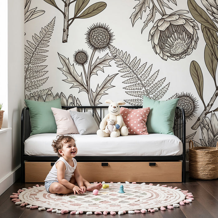 Børneværelse tapet | Delikate blomster og naturlige blade i blide nuancer
