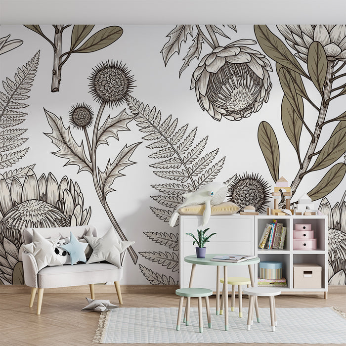 Børneværelse tapet | Delikate blomster og naturlige blade i blide nuancer
