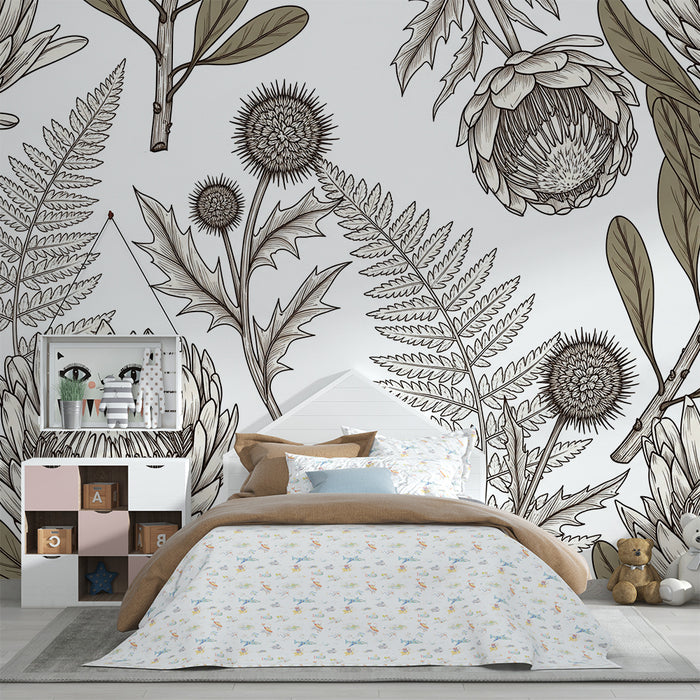 Børneværelse tapet | Delikate blomster og naturlige blade i blide nuancer
