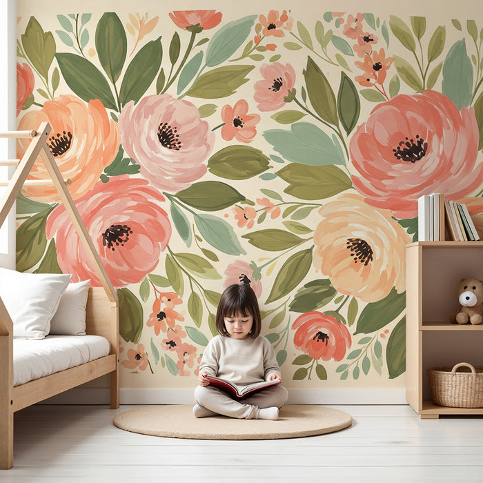 Papel de parede para quarto de bebé | Flores delicadas e folhagem em tons pastel