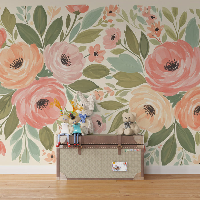 Papel de parede para quarto de bebé | Flores delicadas e folhagem em tons pastel
