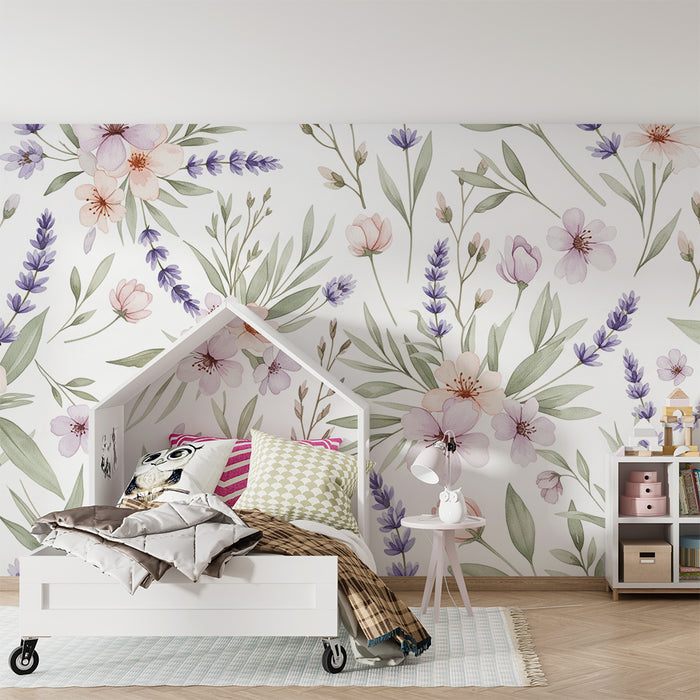 Papel pintado para habitación infantil | Flores delicadas y follaje pastel