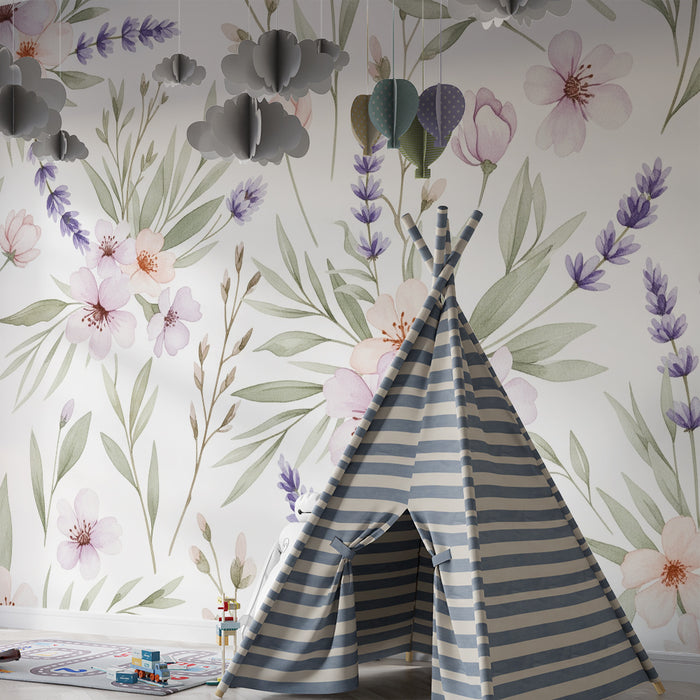 Papel pintado para habitación infantil | Flores delicadas y follaje pastel