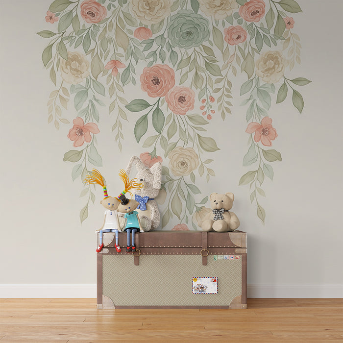 Nursery room wallpaper | Delicate flowers and pastel foliage on a beige background