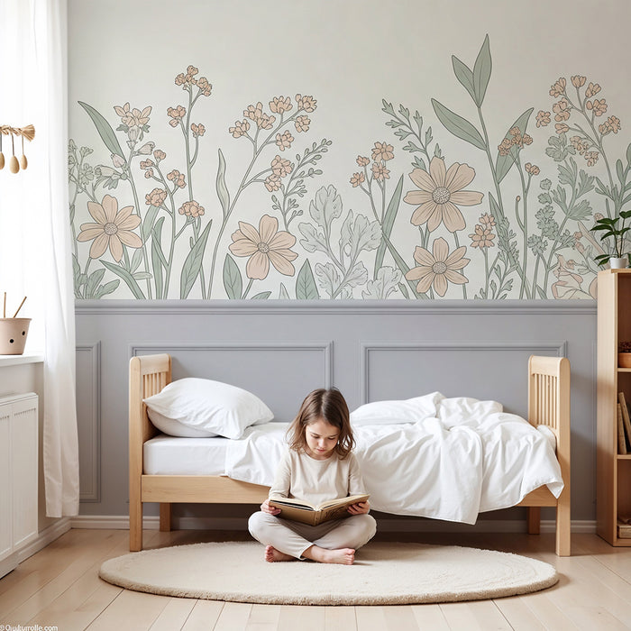 Babyværelses tapet | Bløde blomster og pastelblade til en mild atmosfære