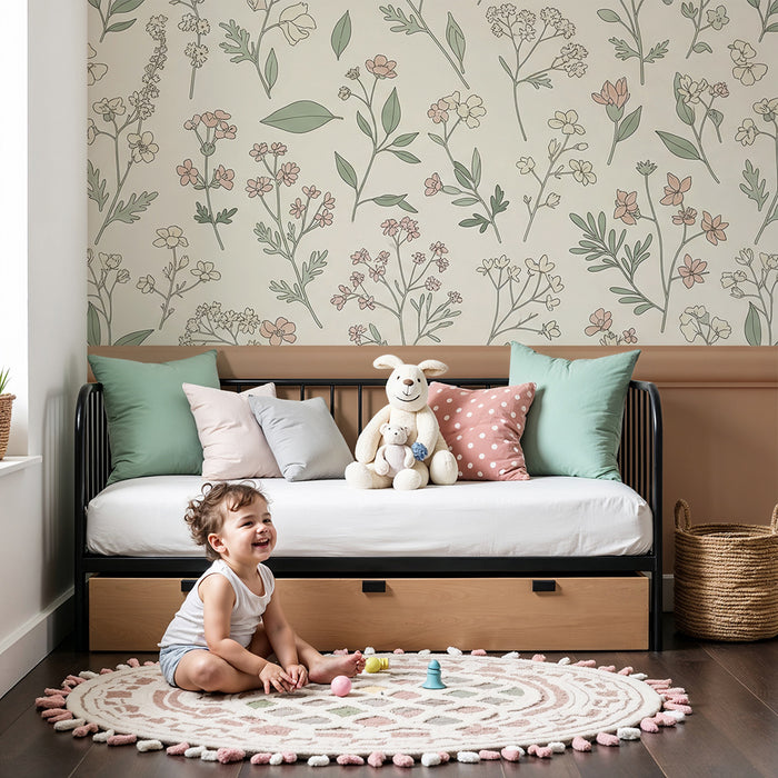 Papier peint chambre bébé | Fleurs délicates et feuillage pastel pour une ambiance douce
