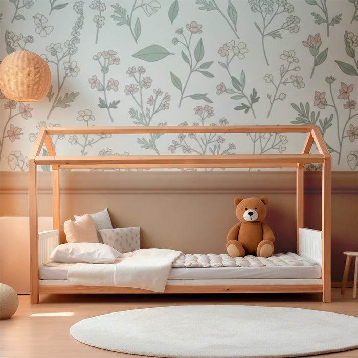 Papier peint chambre bébé | Fleurs délicates et feuillage pastel pour une ambiance douce